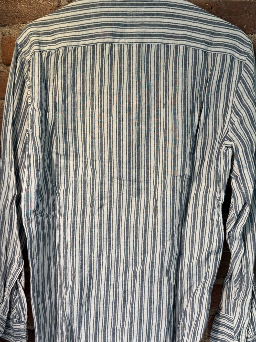 Men's J. Crew Irish Linen Button Down - Slim Medium - White / Blue Stripes - Picture 4 of 5